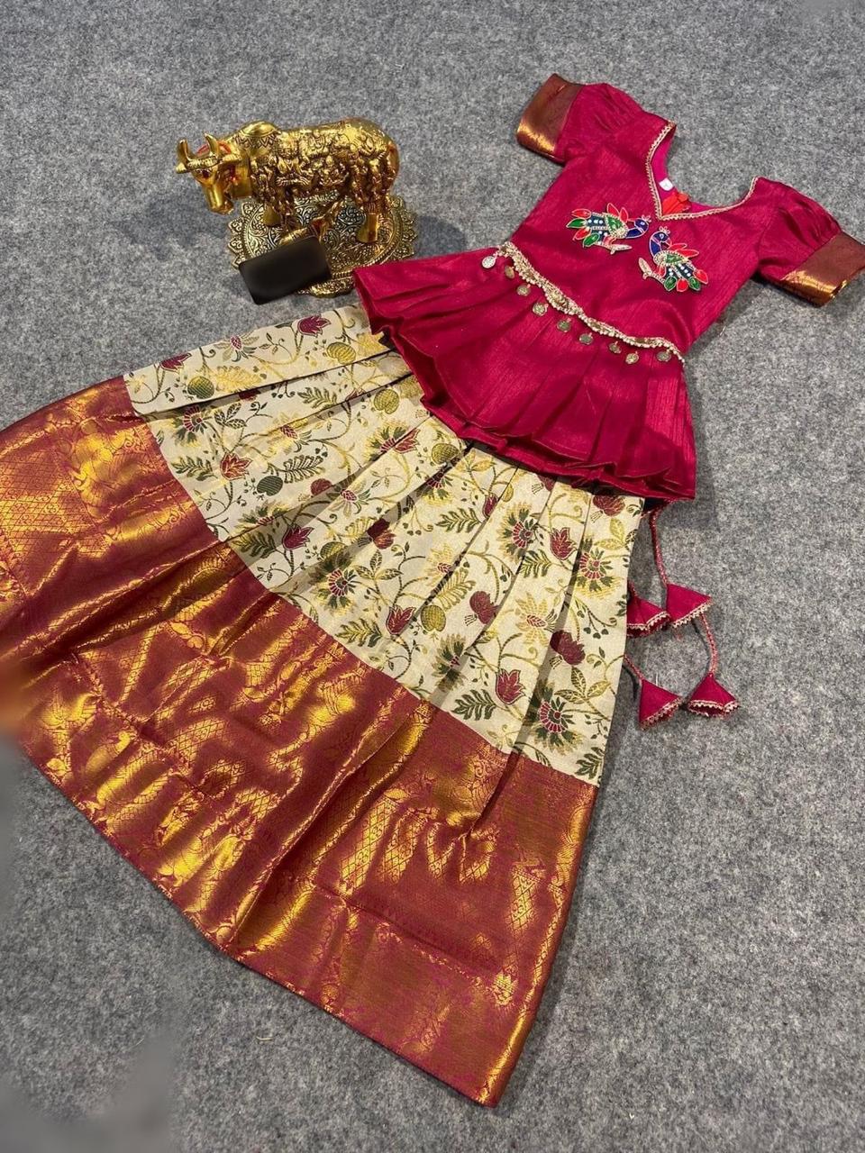 AJD 8028 kids Wear Soft Kanjivaram Silk Girls Crop Top Wholesale Shop In Surat
